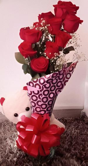 Florero peluche y 12 rosas R41